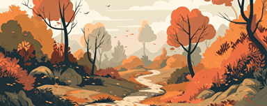 Autumn landscape with trees, bushes and path Autumn landscape with trees, bushes and path, limit colors, vector stylet, flat colors, minimal, svg style, no gradient