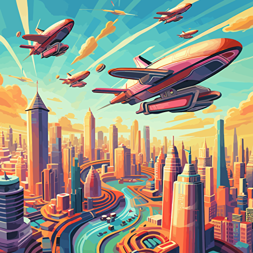 a vector art of planes flying above a futuristic city. Utopian, bright, happy