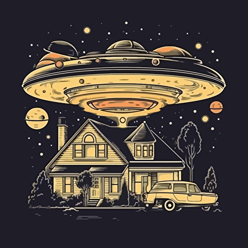 ufo pizza delivery, design, suburban night scene, retro, 2d, vector, white background