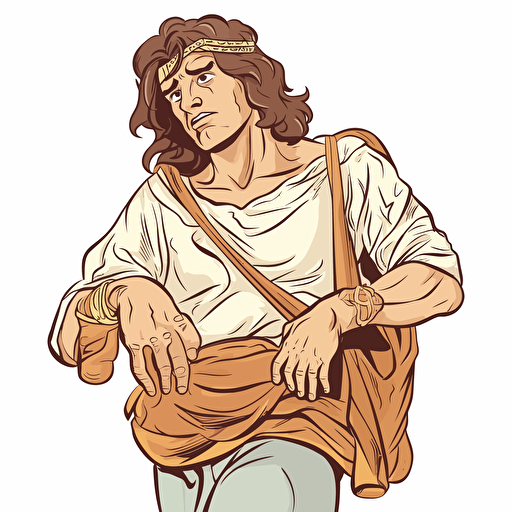 Biblical David holding a leather sling, young man, Bible story, STICKER, calm and peaceful mood, earthen colors, in the style of Conan comic books, CONTOUR, VECTOR, WHITE BACKGROUND, high detail,