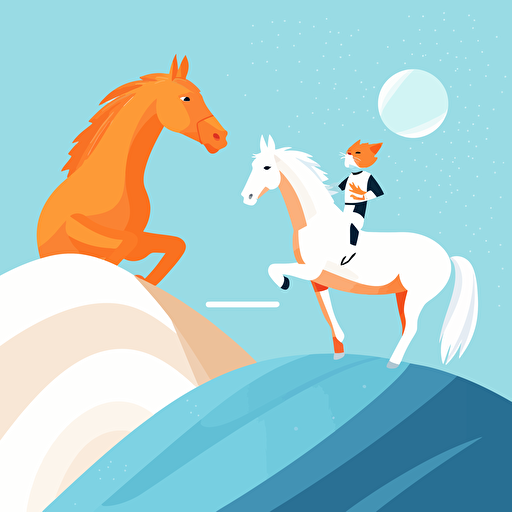 An illustration of a cat that American Shorthair with orange stripes on a white background and a horse that sky-blue furred with white skin climbing in artificial climbing wall, bright sunny day, cheering crowd below, Vector illustration with a clean, modern style, created using Adobe Illustrator, 1:1 ratio,
