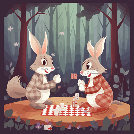 vector illustration of two happy rabbits playing checkers in a forest