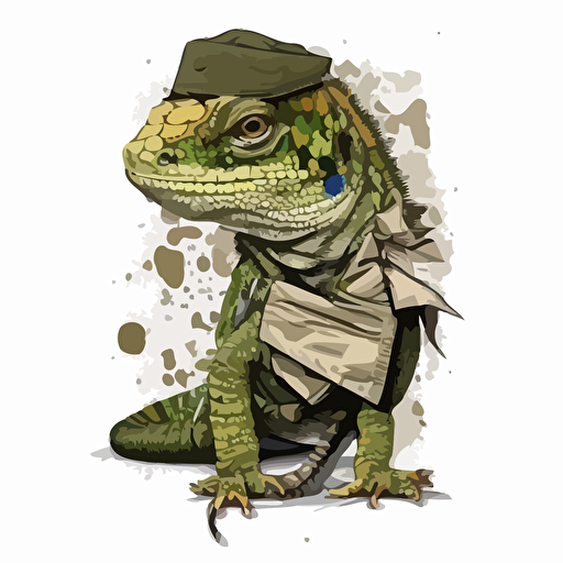 sticker design, lizard in army uniform with bandage, vector illustration