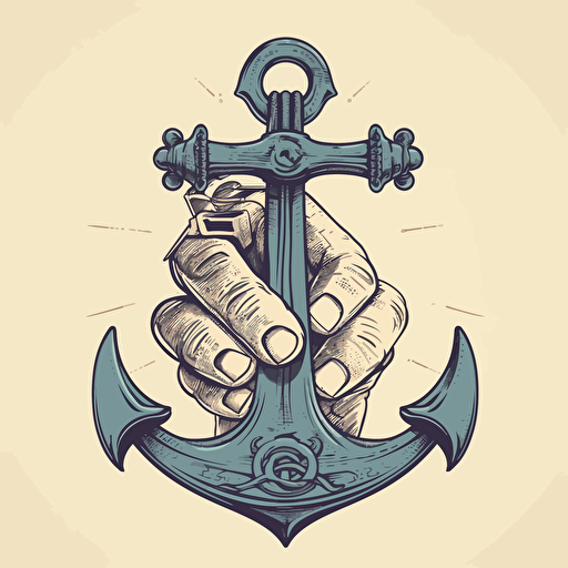 a vector style hand holding the middle of an anchor with the top of the anchor in the shape of a spanner