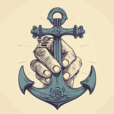 a vector style hand holding the middle of an anchor with the top of the anchor in the shape of a spanner