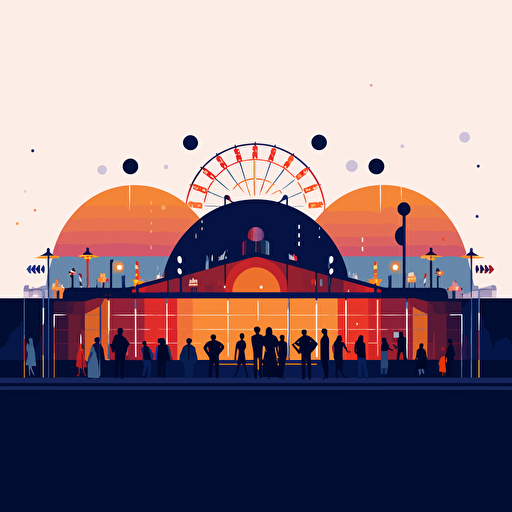 simple flat illustration of a fairgrounds at night with a few people, limit 5 colors, minimalist vector drawing