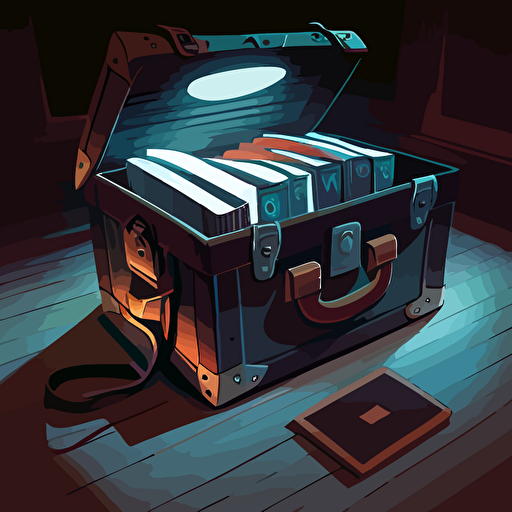 Illustration of a briefcase with some paper coming out of it, moody, contrasting shadows, vector illustration