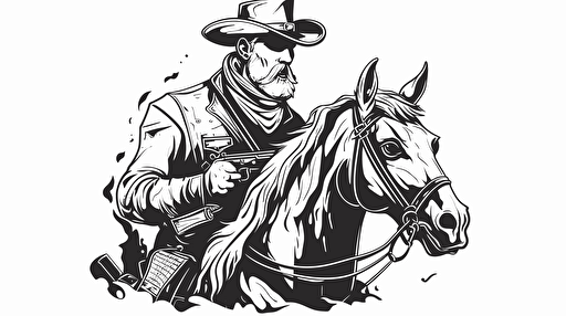 confederate soldier with war paint on his face pointing a musket riding a galloping war horse, profile view, black and white vector style illustration, thick stroke logo