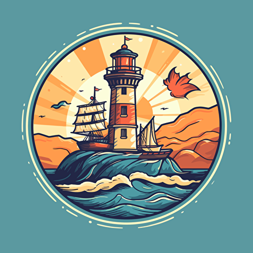 vector logo 16:9 format , columbian style, a ship and a lighthouse