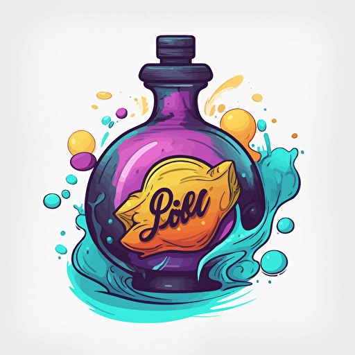 Digital illustration of logo with black outline, white background, cute, colorful cel-shaded potion bottle in Pixar style, prop design, contour, vector art