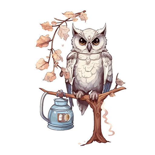 a happy Owl holding a glass coffee pot, gray color, cream color owl, sitting on a branch, white background, vector illustration, illustration