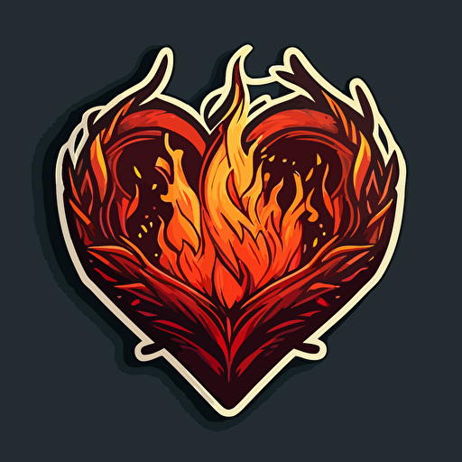 drawed red heart surrounded by flame pixar style, 2d flat design, vector, cut sticker