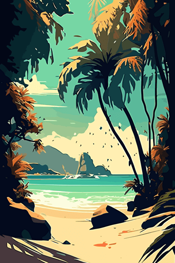 Digital art, tropical beach, landscape, vector illustration, stilized, high spot, hd