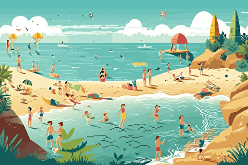 the summer view with a grup of children playing and swimming in the beach on the sunny day vector