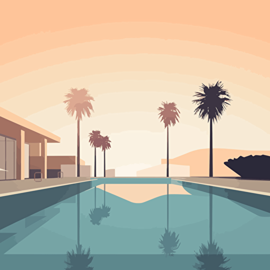 Vector designMinimal Hiroshi Nagai InspiredClean and minimalistic styleScene depicting a [serene poolside with palm trees and clear sky][PASTEL and warm color scheme]