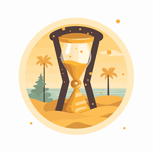 a beach scene inside a sand timer, sand changes to gold coins inside at the bottom, vector logo