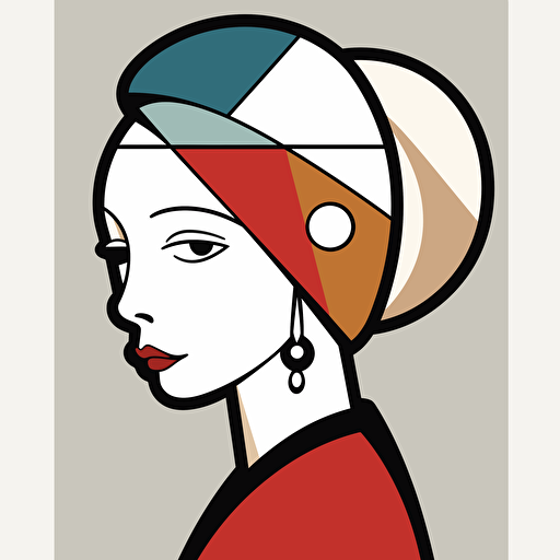 Vector illustration girl with a pearl earring illustration, in the style of patrick caulfield, muted colors, simple line drawings, bill traylor, pseudo, nostalgic, hinchel or sticker white bakcground