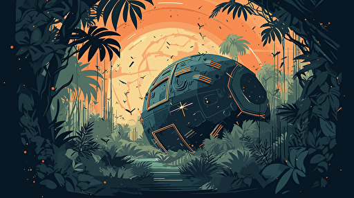 a space ship crashing into a jungle planet, vector illustration