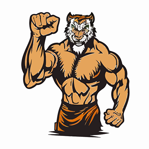 a tiger from the waist up, holding up an index finger to signal number one, as a logo for a sports team, simple, vector