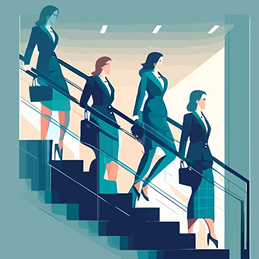 vier frauen in der top etage, als ceo, sie steigen eine treppe einer grafischen primade hoch und sind an der spitze, detaierte vector illustration