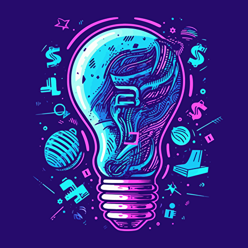 vector art style a light bulb giving off money making ideas, use blues and purples, in the style of Michael Parks, sticker