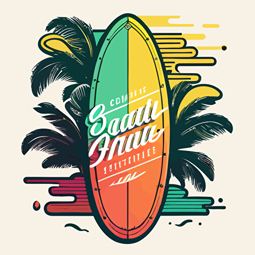 create a beach surfboard company vector logo on white background with 80s style colors
