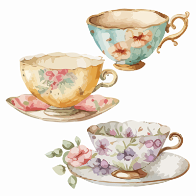 hand painted watercolor clip art of antique tea cups, vector image