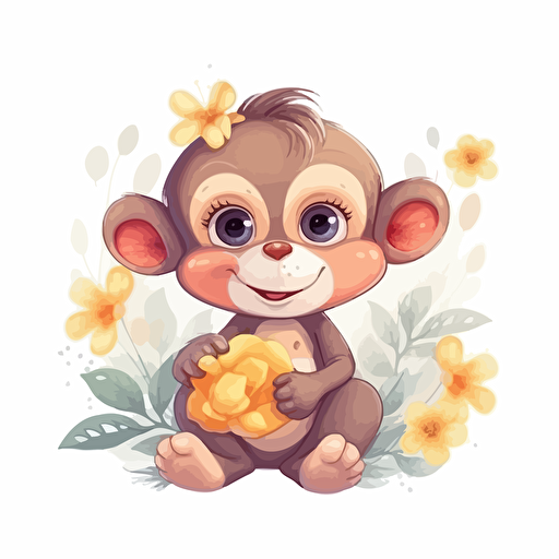 cute monkey with flowers, detailed, cartoon style, 2d clipart vector, creative and imaginative, hd, white background