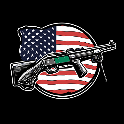 Vector art logo of M1 garand rifle with an American flag in the background with black white and green colors only,