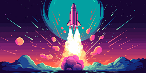 a vector illustration of a rocket blasting off. palette is mainly purple with light blue and a little green