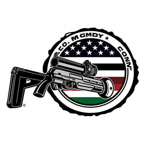Vector art logo of M1 garand rifle with an American flag in the background with black white and green colors only,