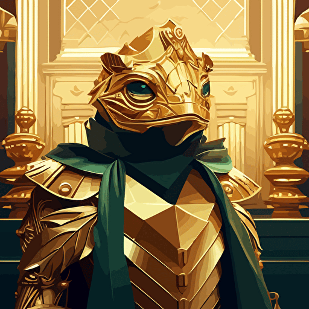 Influenced by the Art Deco style, create a vector illustration of KEK (in his frog form resembling Pepe the Frog) adorned in lavish golden armor, attending a grand ball. Set the scene in an opulent, geometric ballroom during a glamorous event. KEK casts a mysterious gaze upon the other attendee