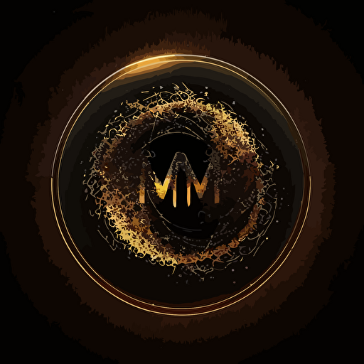 minimalist logo that is a circle with golden borders vector logo, black background, two letter M forming an audio wave made of particles inside the circle