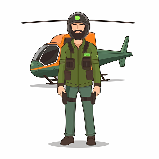 with sunglases. man with beard in a helicopter uniform and wearing a helmet standing in front of a green helicopter. vector. white background. no background