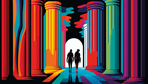 two person surrounded by giant colorful pillars of roads, vector, black stroke,