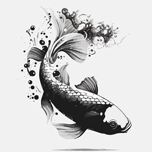 vector Koi Fish swimming in black and white