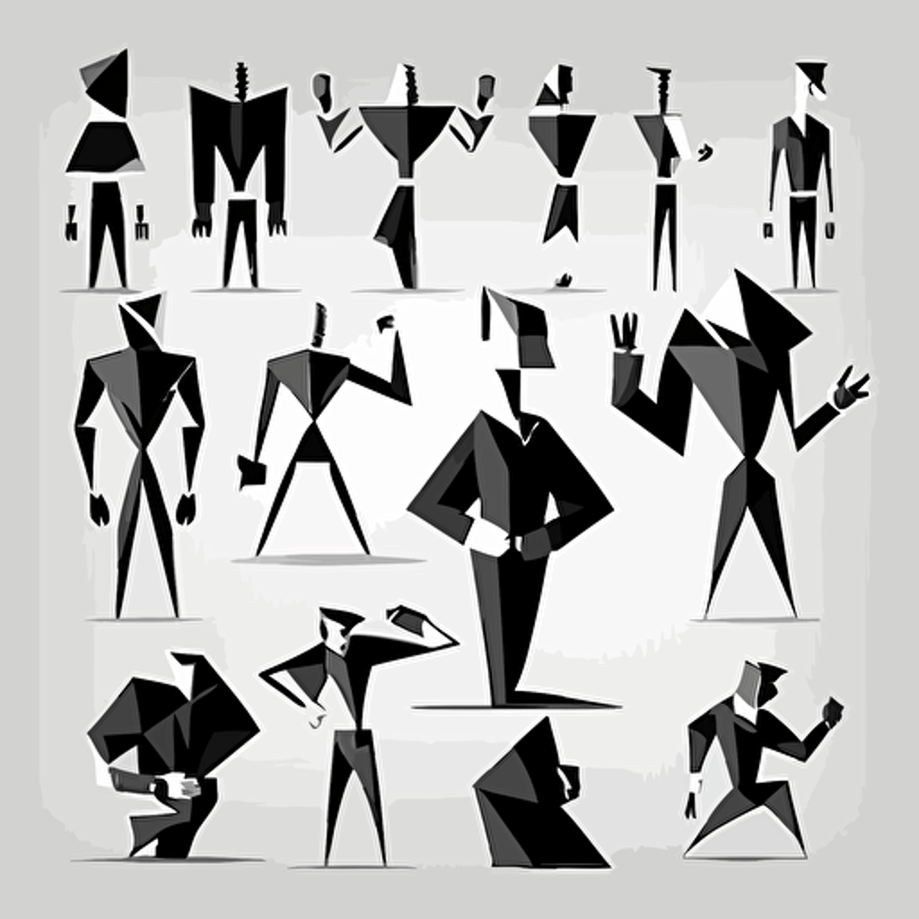 simple and expressive cartoon figure poses, flat, geometric, vector, black and white