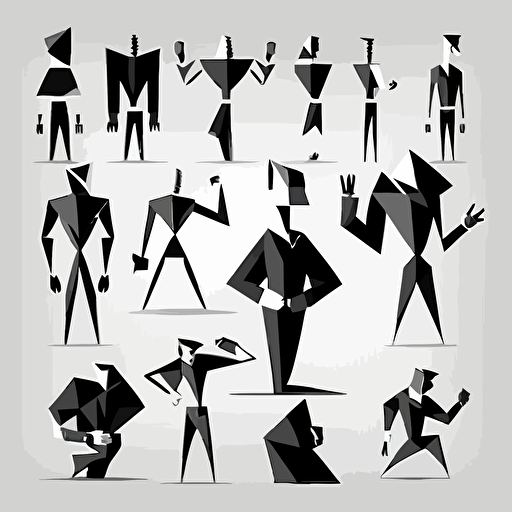 simple and expressive cartoon figure poses, flat, geometric, vector, black and white