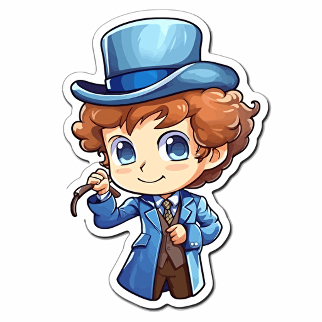 Sticker, Happy Colorful Sherlock Holmes, long auburn, blue eyes, kawaii, contour, vector, white background