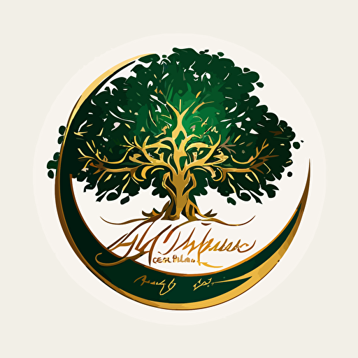 logo of a company with name "Alpha Green", arabic style lettering handwritten, with the tree growing from the middle of the name: golden letters on the white background: make it look rich and exclusive: two colors only, no shades, vector: middle east motives
