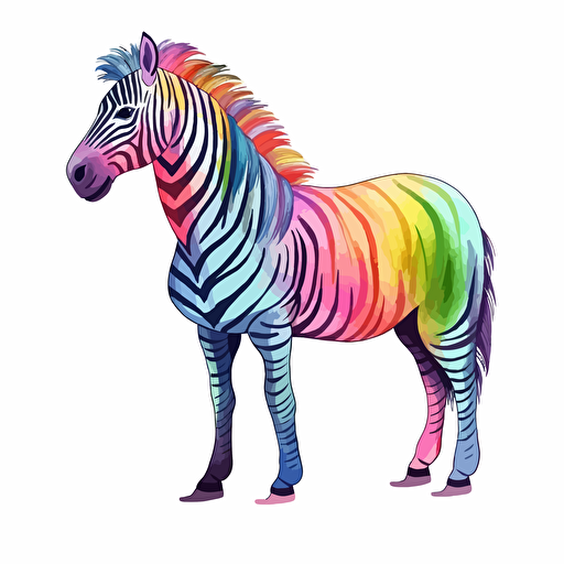 rainbow zebra, detailed, cartoon style, 2d watercolor clipart vector, creative and imaginative, hd, white background