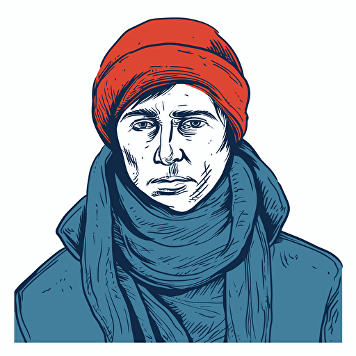 A man in a blue scarf with a red nose. Outline simplified, stylized illustration with vector fills.