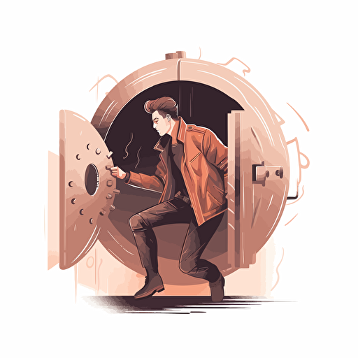 concept art, vector drawing, simple background, man in leather jacket cracking a safe