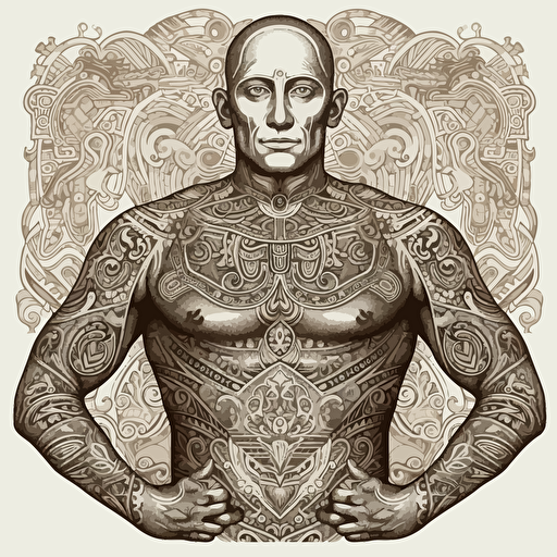 Putin, torso, vector, highly detailed, gritty tatoos aztec style