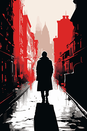 a man wearing a coat and walking on a split red and white background, in the style of simplistic vector art, cityscape, film noir, poster art, realist detail, careful composition, stencil-based