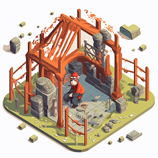 cartoon vector isometric images of broken monkey cage, under repair, no monkeys