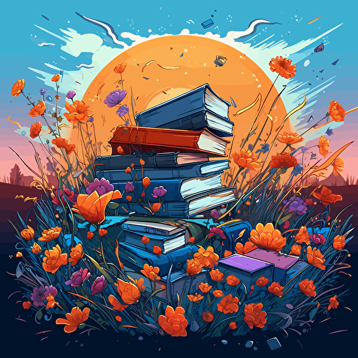 a vector image of books growing in a field surrounded by flowers, blue and orange and dark gray, graffiti style