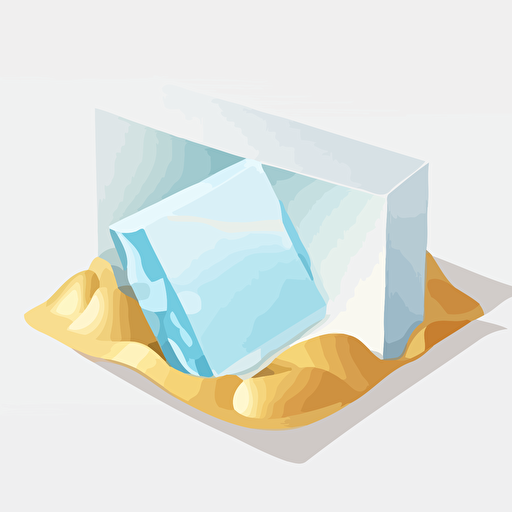 A transparent block of ice with a white envelope in the center. flat style illustration for business ideas, flat design vector, industrial, light color pallet using a limited color pallet, high resolution, engineering/ construction and design, colored cartoon style, light indigo and light gold, cad( computer aided design) , white background