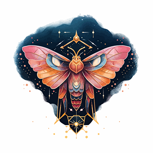 a beautiful moth with a surrounding celestial design in detailed drawing style + simple vector + bright colors on a white background