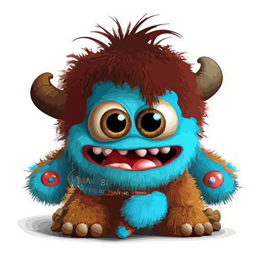 A saturated colorfull baby fur indiana jones monster, goofy looking, smiling, white background, vector art , pixar style